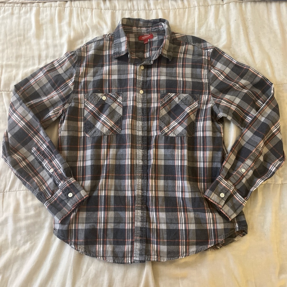 Grey and black plaid Arizona flannel shirt with button-up front and long sleeve